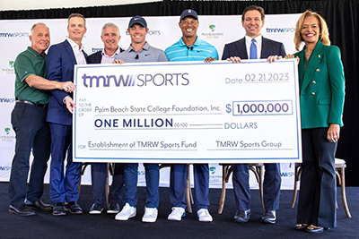 David Rutherford, Mike McCarley, Jay Monahan, Rory McIlroy, Tiger Woods, Ron DeSantis and Ava Parker